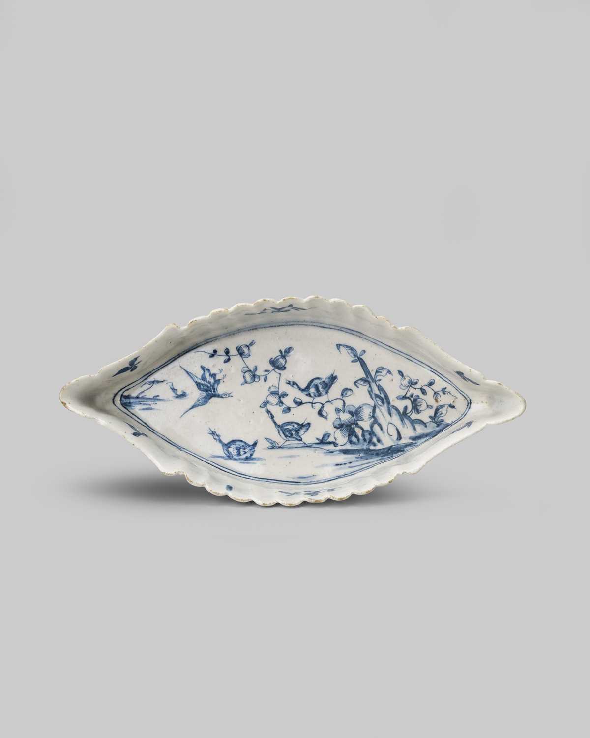 A rare and important blue and white Lowestoft spoon tray, c.1757-60, of a deep elongated shape
