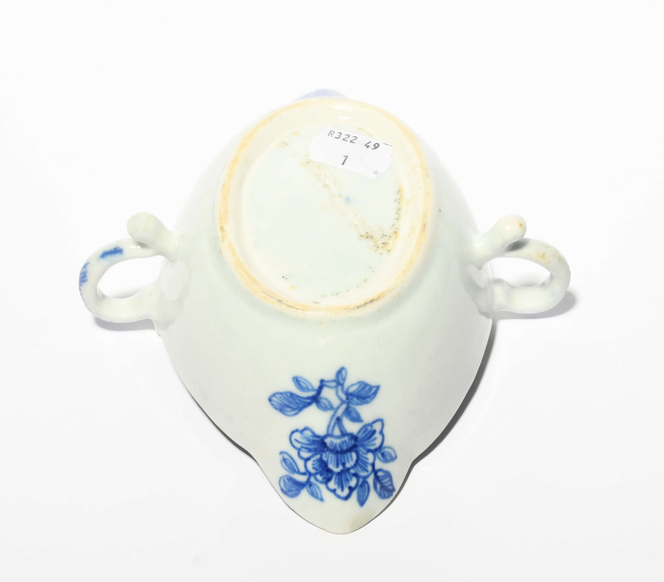 A rare Bow blue and white two-handled sauceboat, c.1750-52, painted in a bright blue with a bird - Image 5 of 5