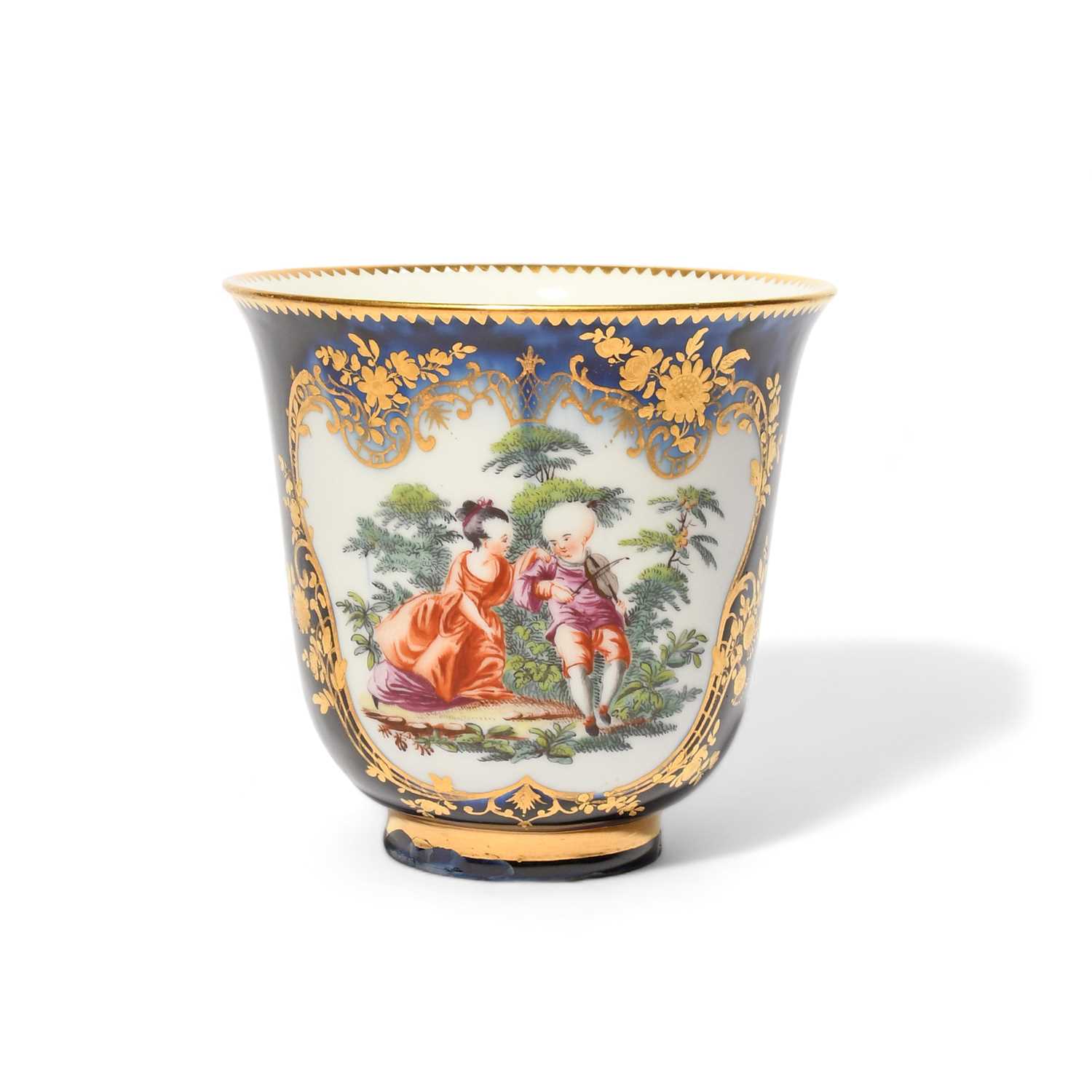 A Chelsea cabinet beaker, c.1760-65, painted with two panels of courting couples in woodland