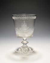 A glass rummer, 19th century, the bucket bowl engraved with the Honours of Scotland, the crown