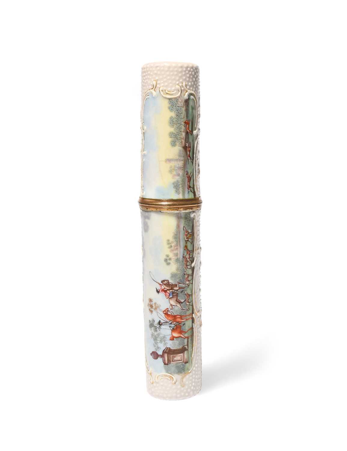 A good South Staffordshire enamel etui or bodkin case, c.1770, the cylindrical body painted with