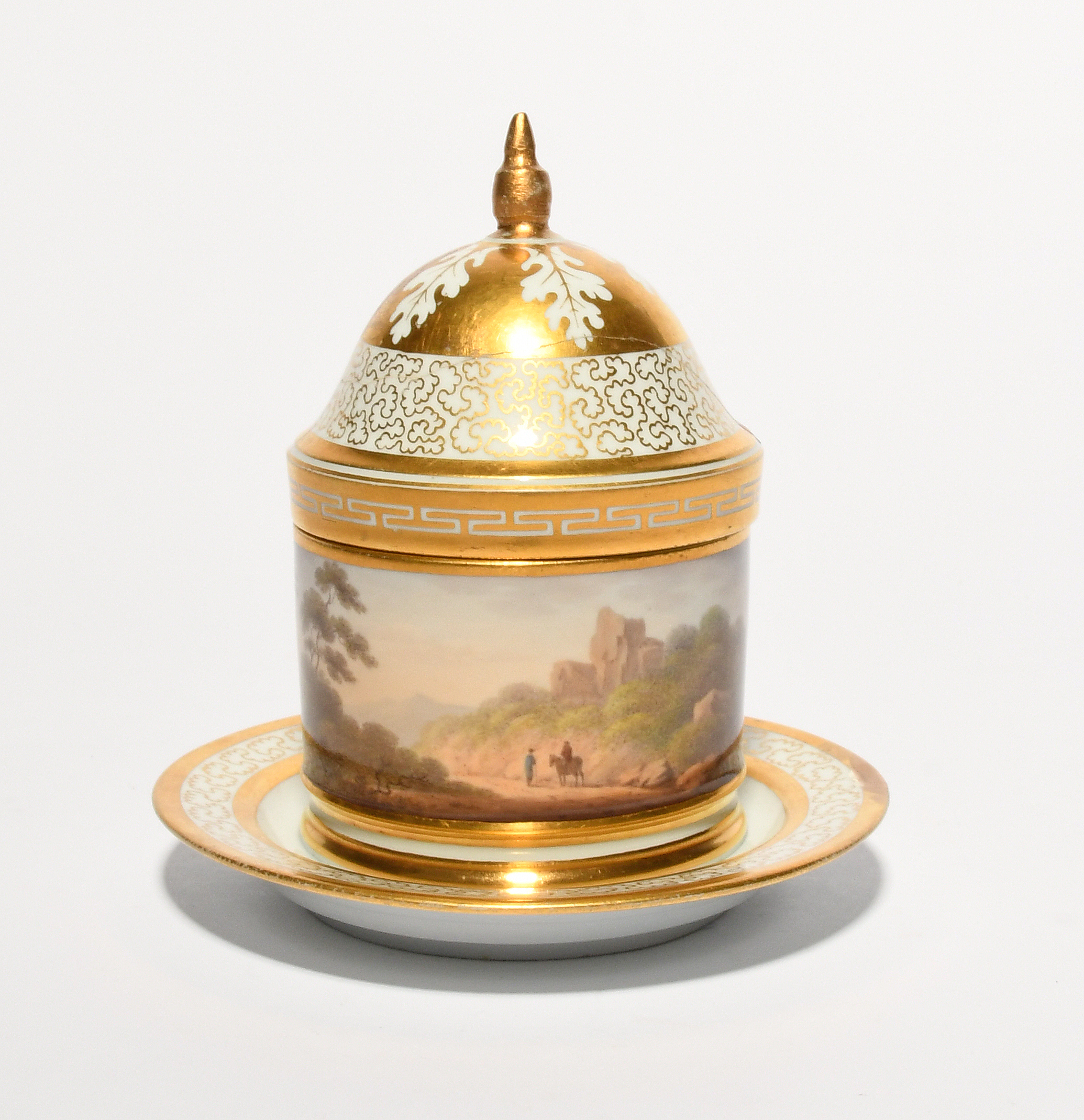 A rare Flight and Barr honey pot and cover, c.1800, the square cylindrical form painted with a - Image 2 of 3