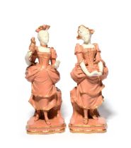 An unusual pair of Minton figures, c.1895-1900, of high society ladies wearing bustle dresses,
