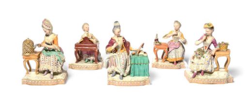 A set of Meissen figures of the Five Senses, late 19th/20th century, modelled by J C Schönheit, each