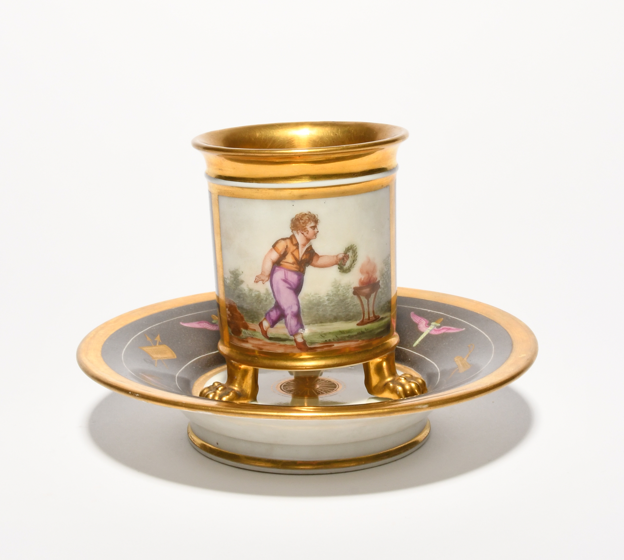 A Paris porcelain cabinet cup and stand, early 19th century, the cup painted with a figure placing a - Image 2 of 3