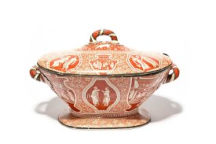 A Herculaneum creamware tureen and cover, 19th century, printed in red with Etruscan figures and