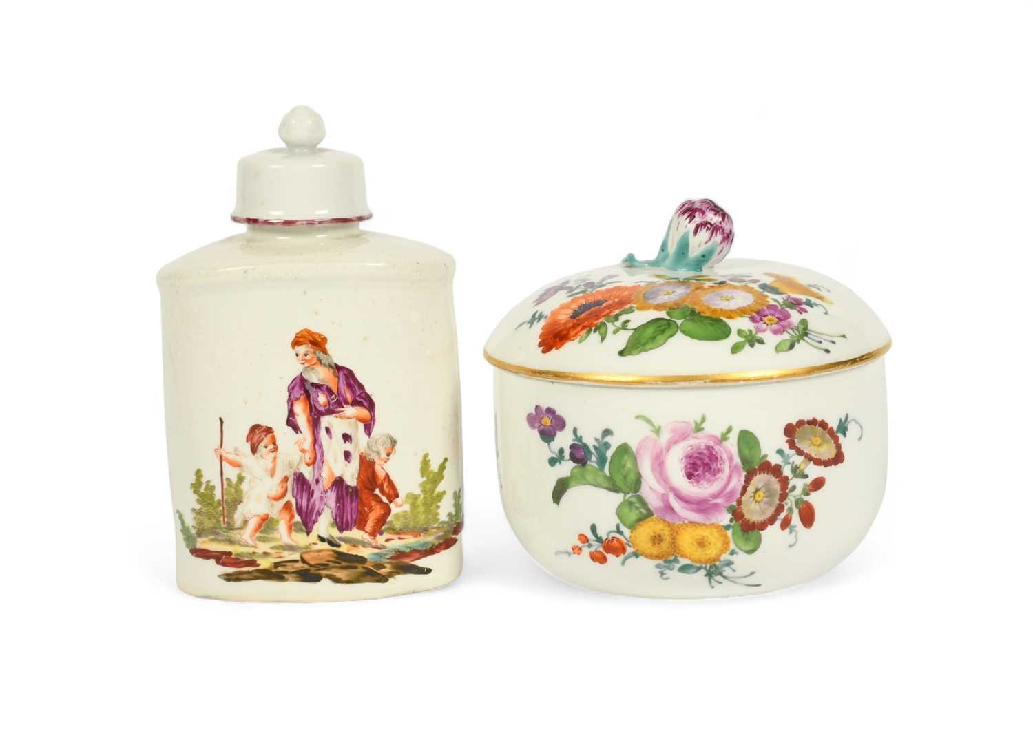A Limbach tea canister and cover, c.1780, one side painted with a ragged mother and two children,