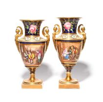 A pair of Spode vases, c.1820, painted with tavern scenes in the Teniers manner, reserved on a