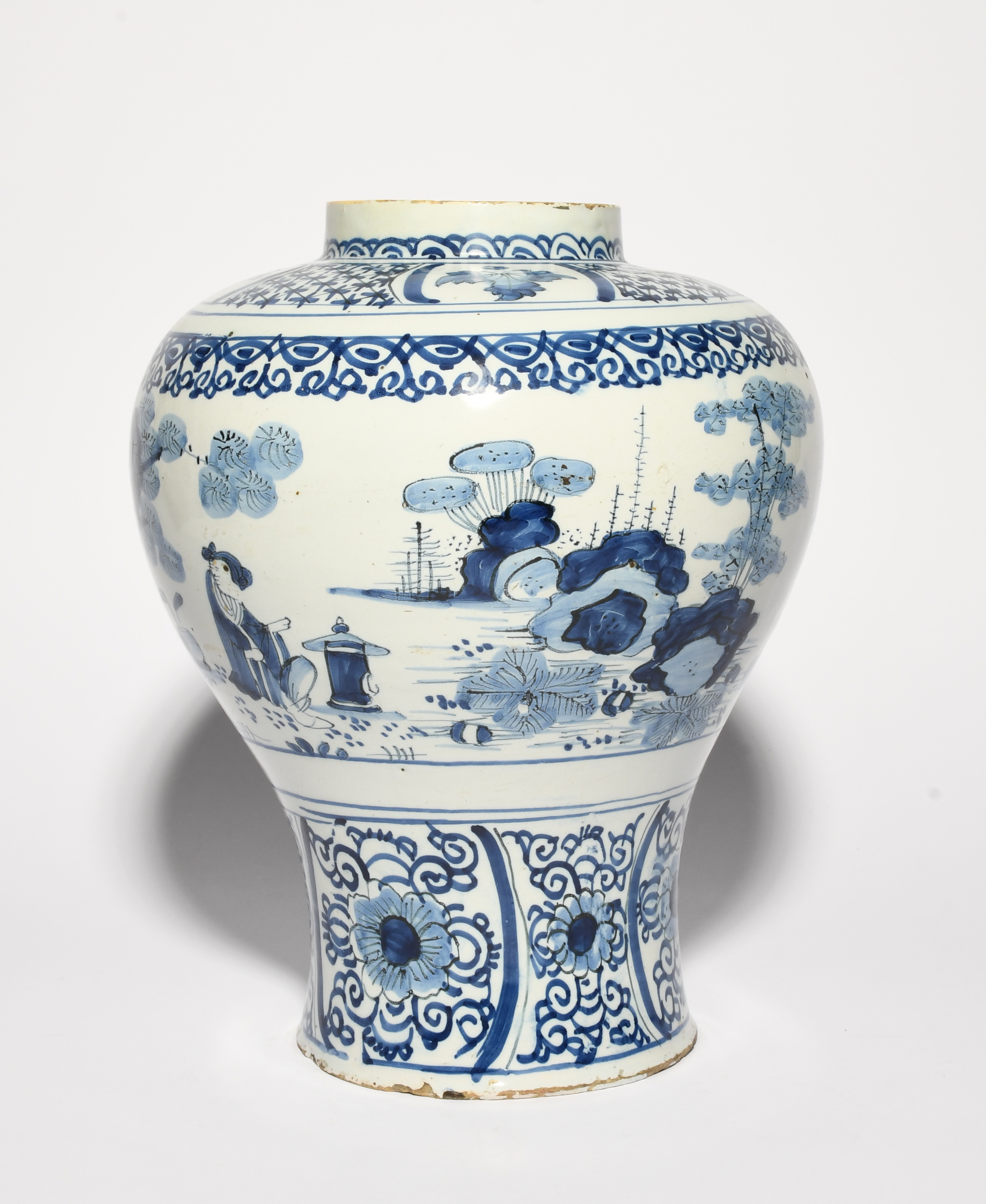 A large delftware vase, c.1750, of baluster form, painted in blue with Chinese figures in a - Image 2 of 2