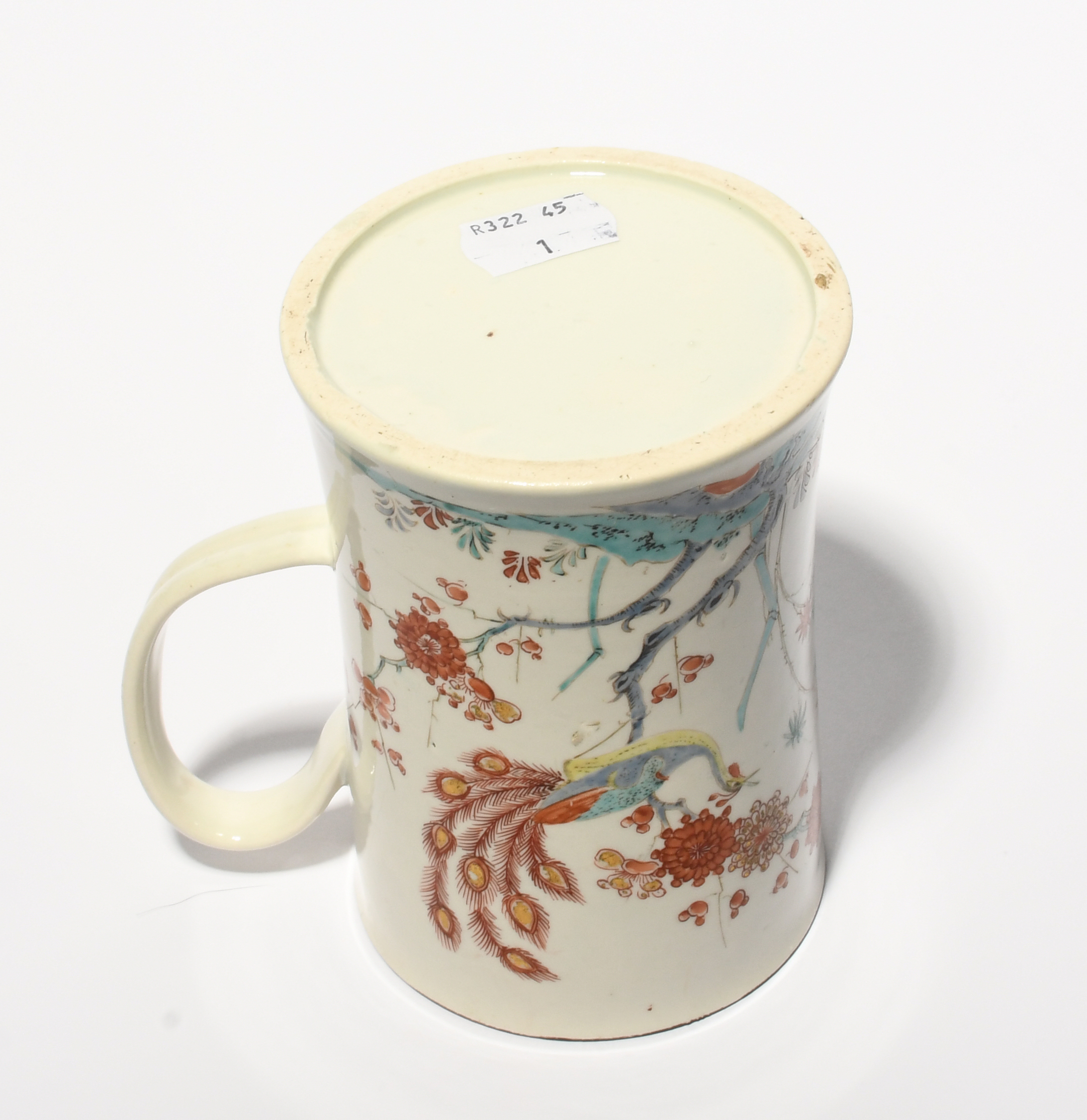 A good and rare Vauxhall mug, c.1755, the cylindrical form rising from a flared foot, well painted - Image 3 of 4