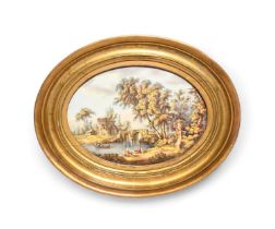 A large oval porcelain plaque, 19th century, painted with two figures reclining on a river bank, two