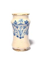 A small Italian maiolica albarello or pill jar, 18th century, the narrow waisted form painted in