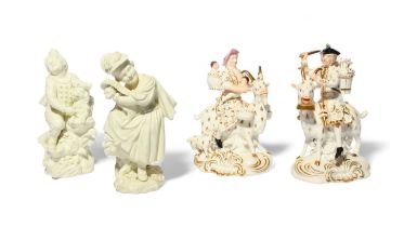 Two pairs of Derby figures, c.1780-1810, the earlier pair of biscuit porcelain, of a boy and girl