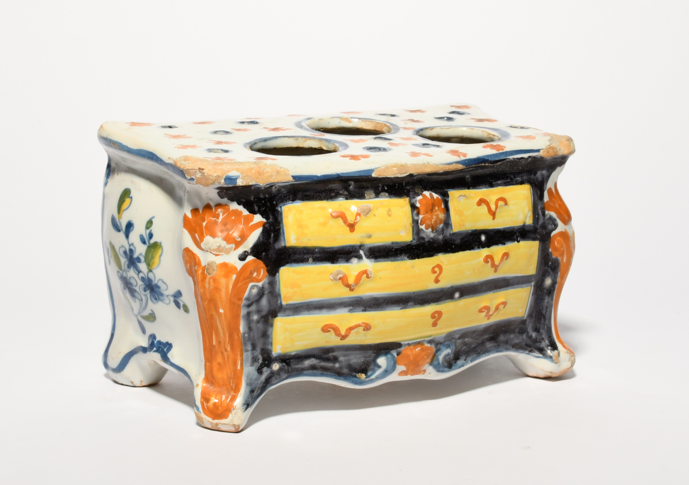 A Nevers faïence bough pot, 18th century, modelled as a chest of drawers and painted in yellow, - Image 3 of 3