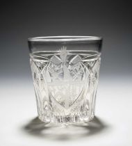 An armorial glass tumbler of Masonic significance, 19th century, engraved with a shield bearing a
