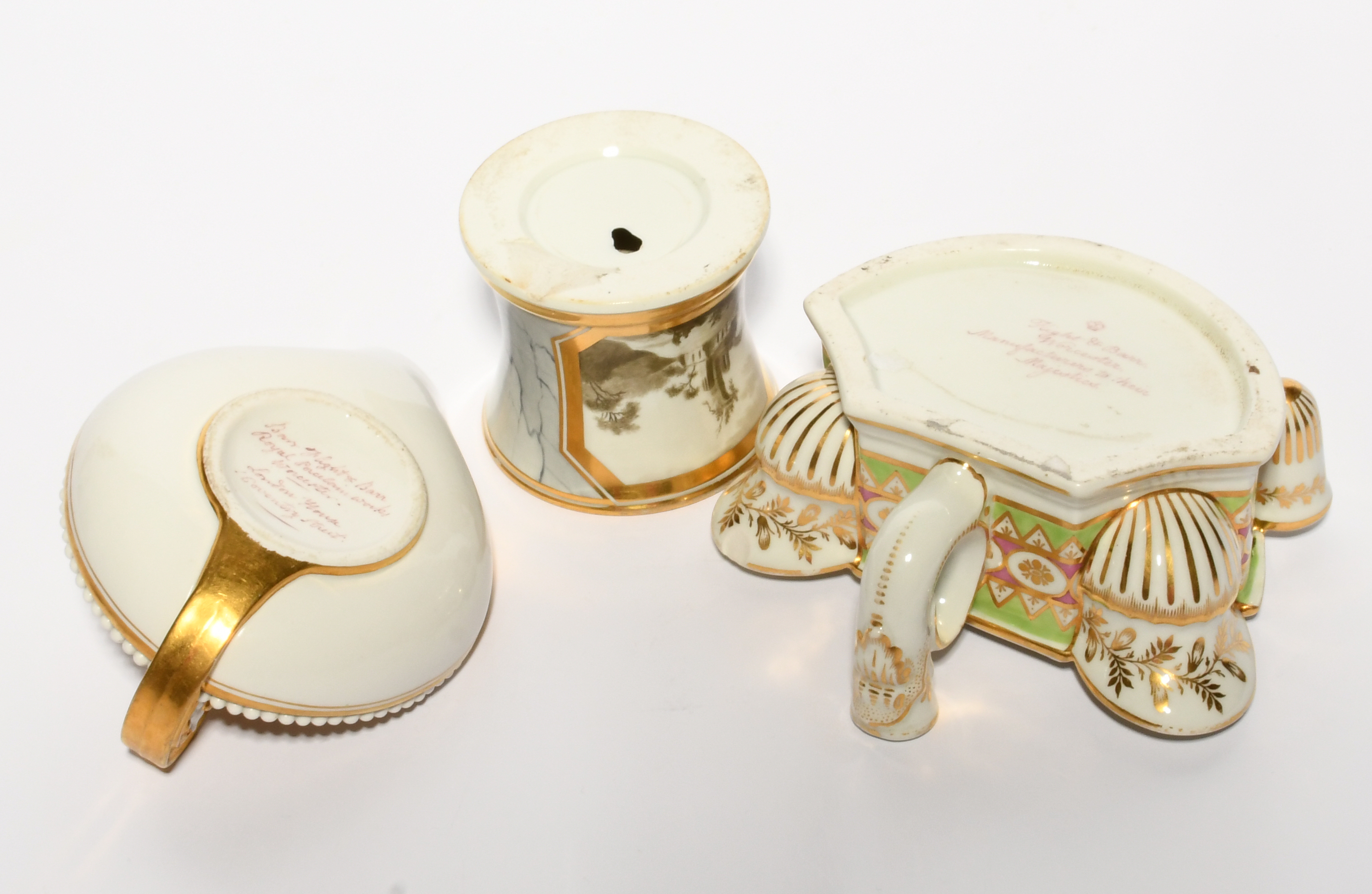 Three Worcester inkwells from the Flight and Barr partnerships, c.1800-20, one a waisted drum Barr - Image 2 of 2