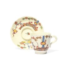 A St Cloud coffee cup and trembleuse saucer, c.1730, the lobed form painted in the Kakiemon manner