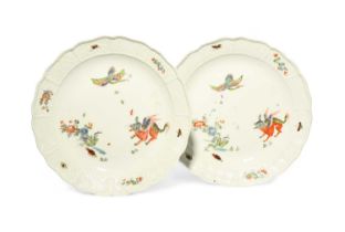 A pair of large Meissen chargers, c.1735, painted in the Kakiemon palette with the koreanische