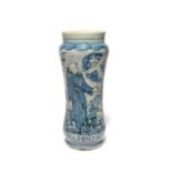 An Italian maiolica albarello, early 18th century, the slender waisted form painted in blue and