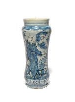 An Italian maiolica albarello, early 18th century, the slender waisted form painted in blue and