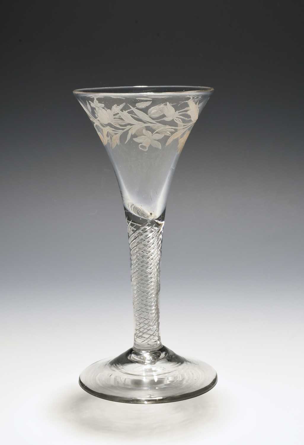 A wine glass or goblet of Jacobite significance, c.1760, the generous drawn trumpet bowl finely - Bild 2 aus 2