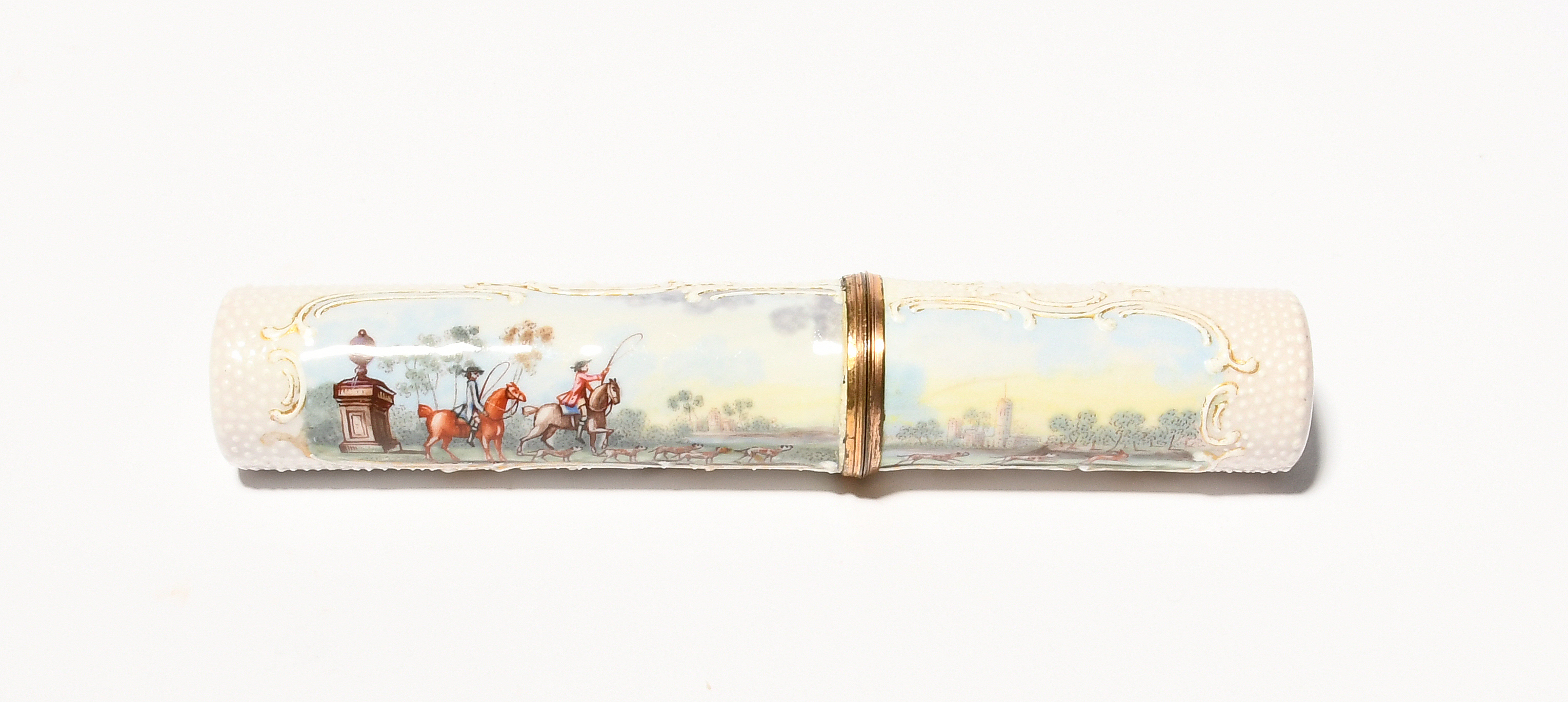 A good South Staffordshire enamel etui or bodkin case, c.1770, the cylindrical body painted with - Image 4 of 5