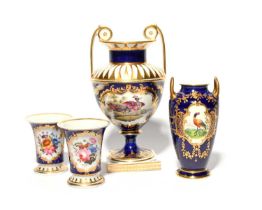 Four English porcelain vases, 19th century, a pair of Chamberlain's spill vases painted with