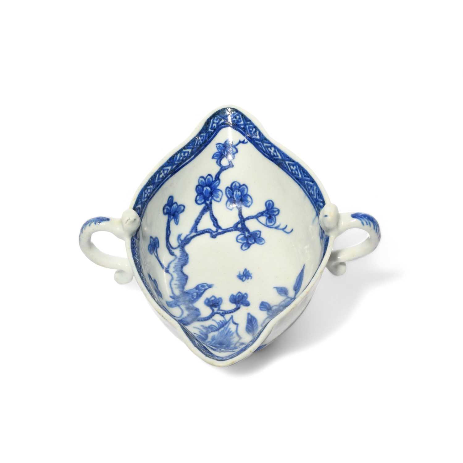 A rare Bow blue and white two-handled sauceboat, c.1750-52, painted in a bright blue with a bird - Image 2 of 5