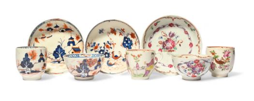A small group of Lowestoft tea wares, c.1765-80, including a teabowl, coffee cup and saucer