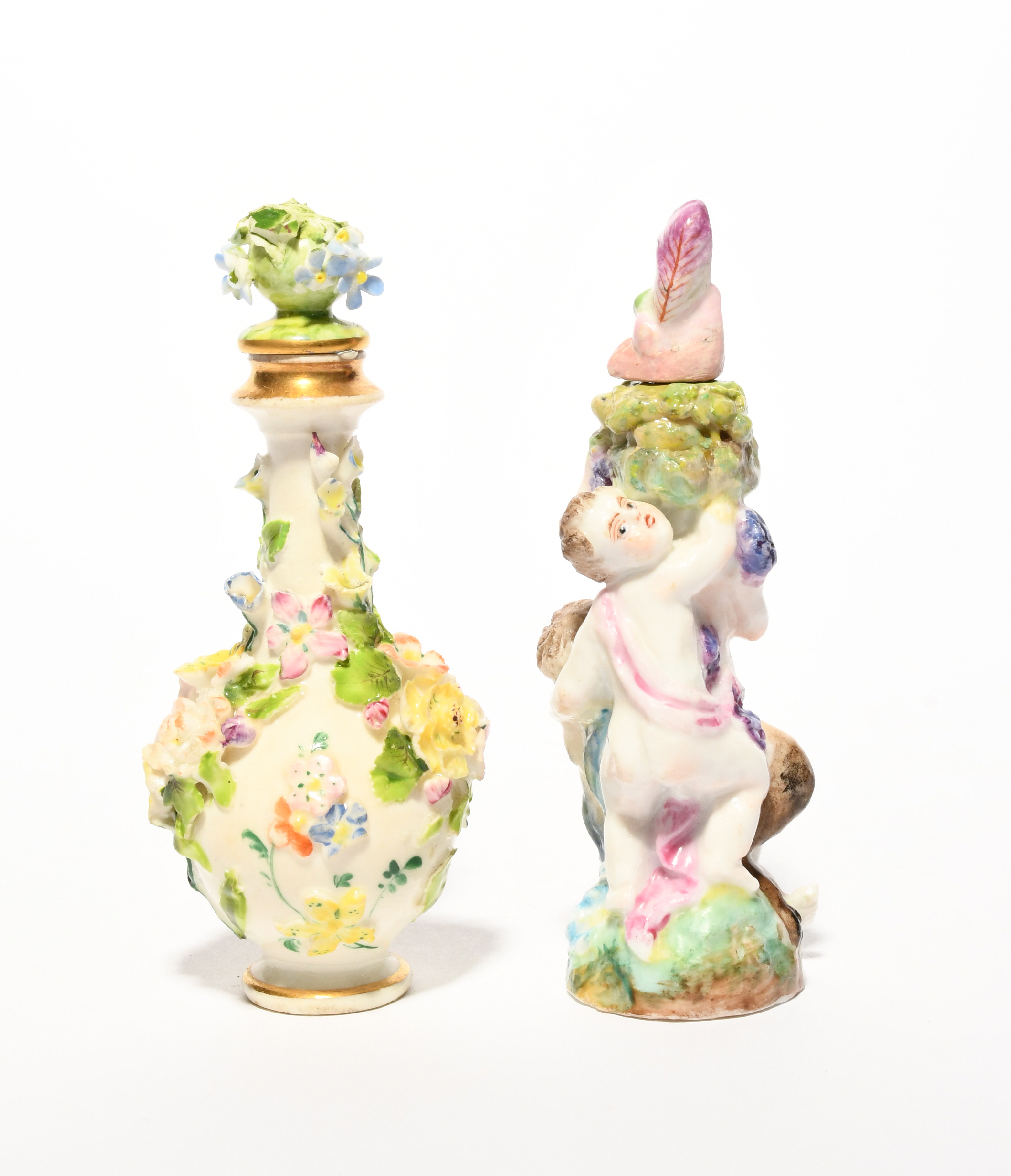 Two porcelain scent bottles, one English c.1830 and applied with flowers on a white ground, a red - Image 2 of 2