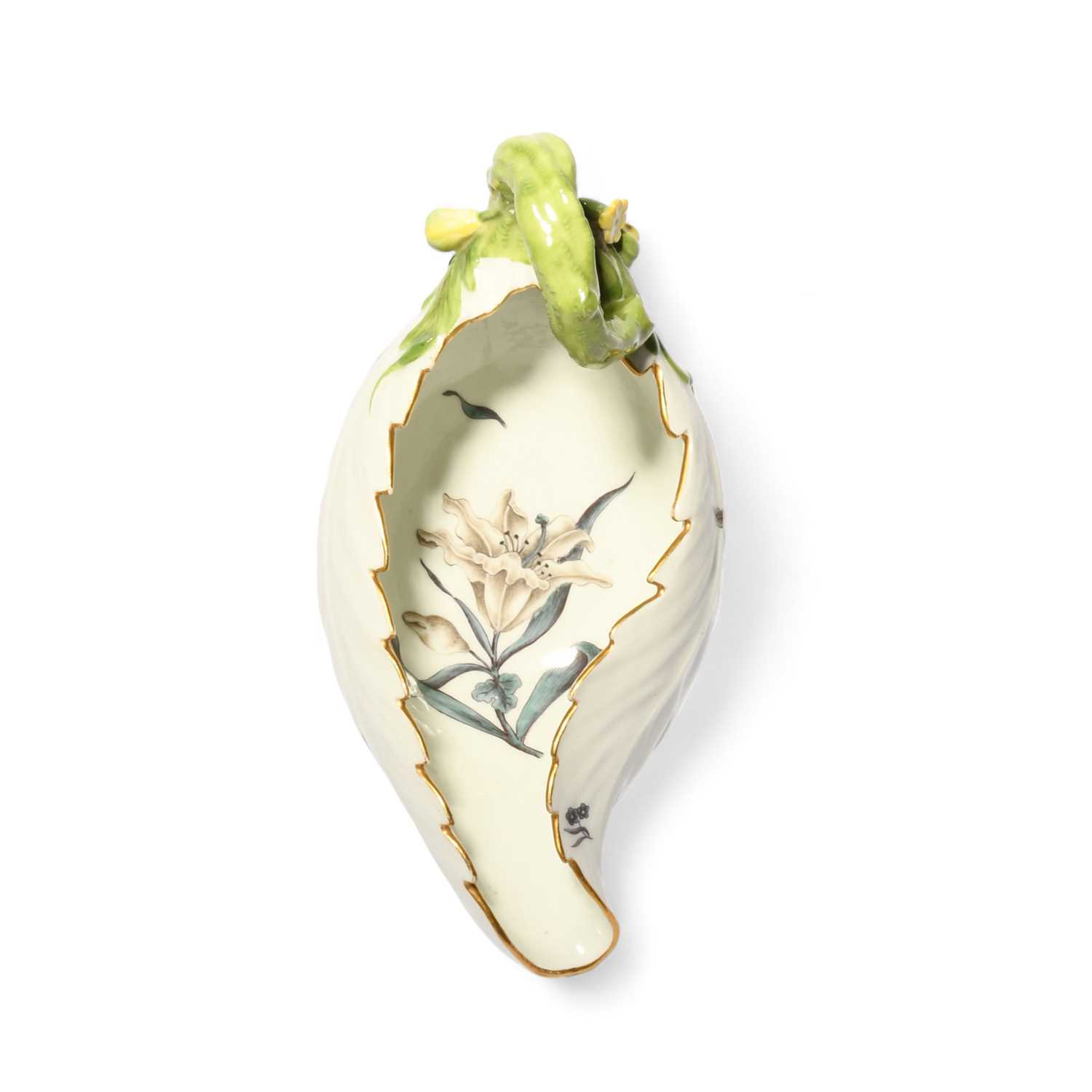 A Meissen leaf-moulded sauceboat, c.1740, formed of overlapping cos leaves, painted with Holzschnitt - Image 2 of 2