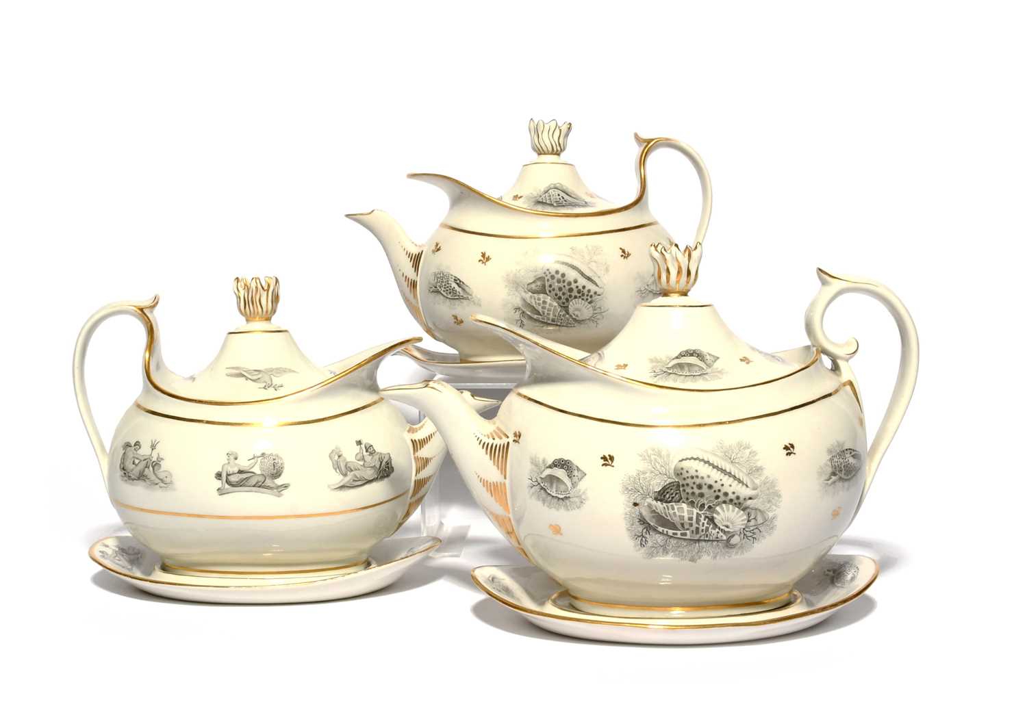 Three Barr Flight and Barr (Worcester) teapots with covers and stands, c.1810, bat printed in black,