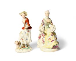 A Bow figure of the Dancing Shepherdess, c.1755, her skirt decorated in Kakiemon enamels, and a