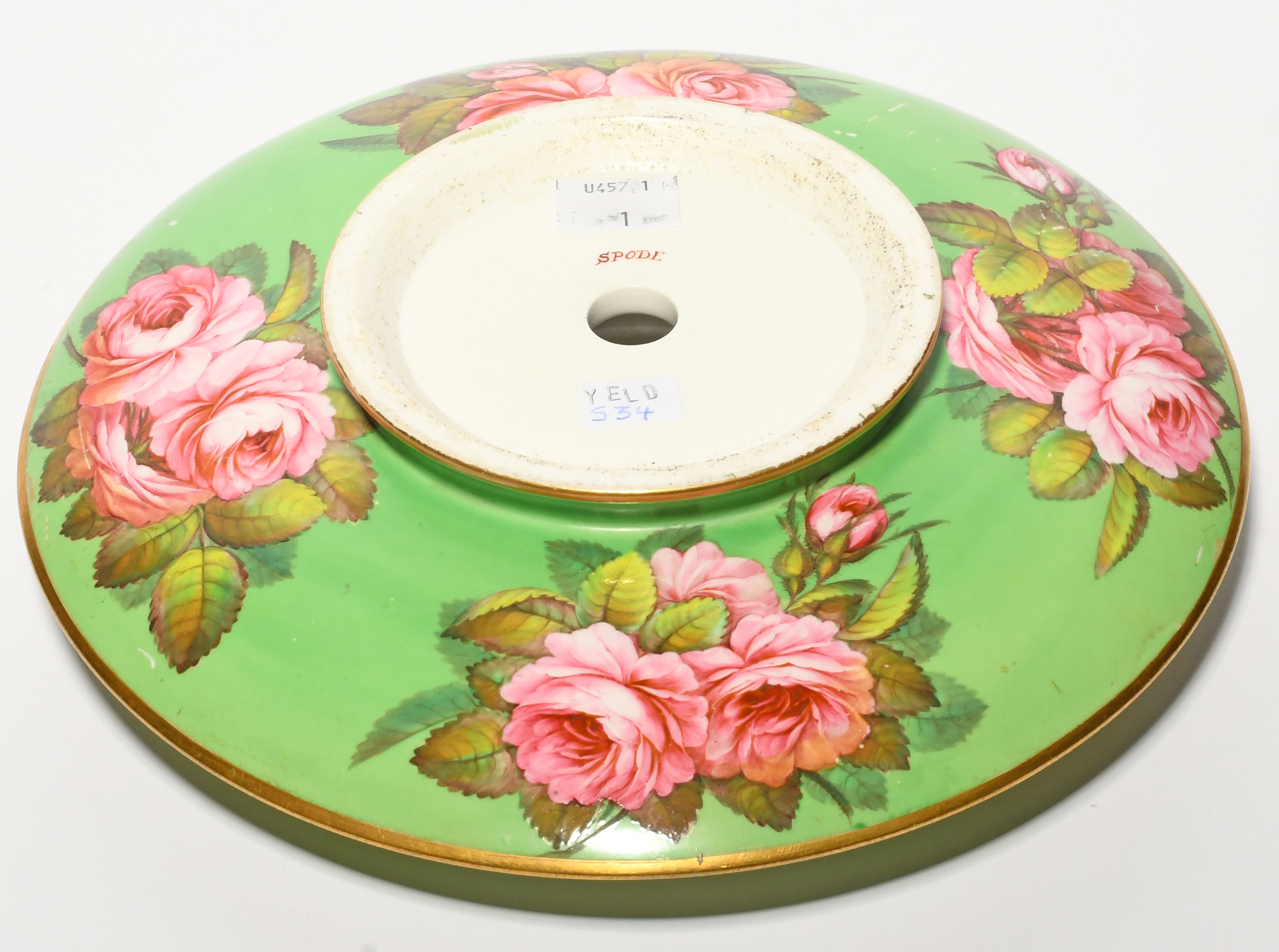 A rare Spode pineapple stand, c.1815-20, painted with large sprays of pink rose and moulded with - Image 3 of 3