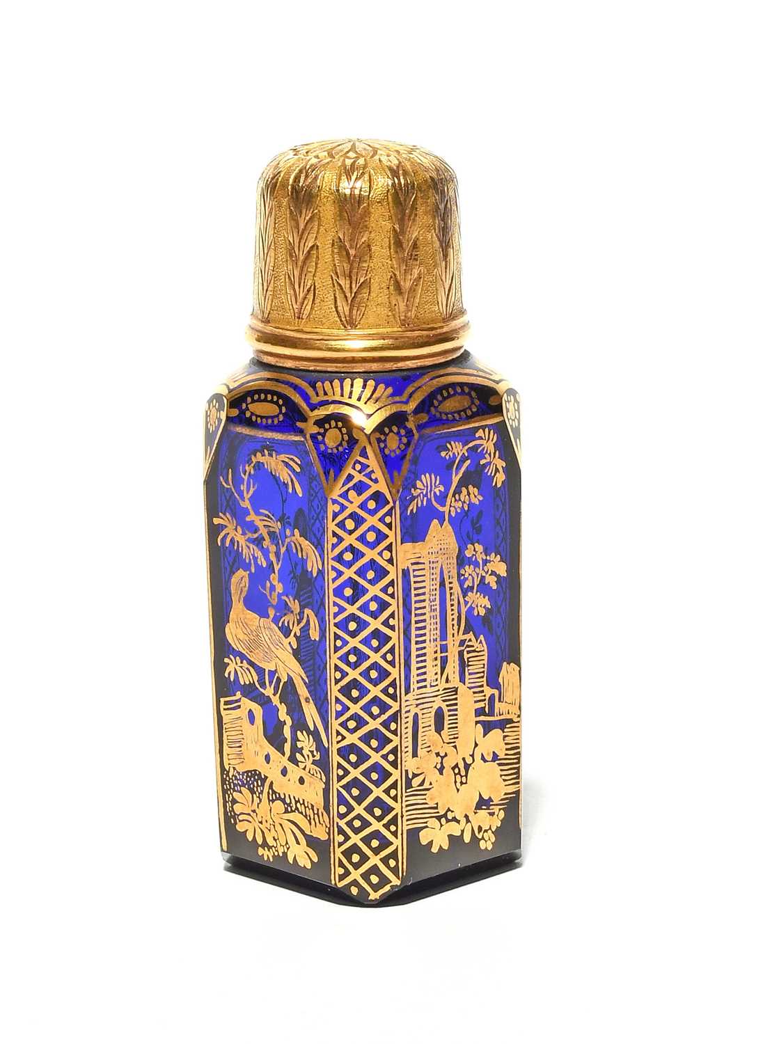 A glass scent bottle decorated in the workshop of James Giles, c.1770, the rich blue glass of