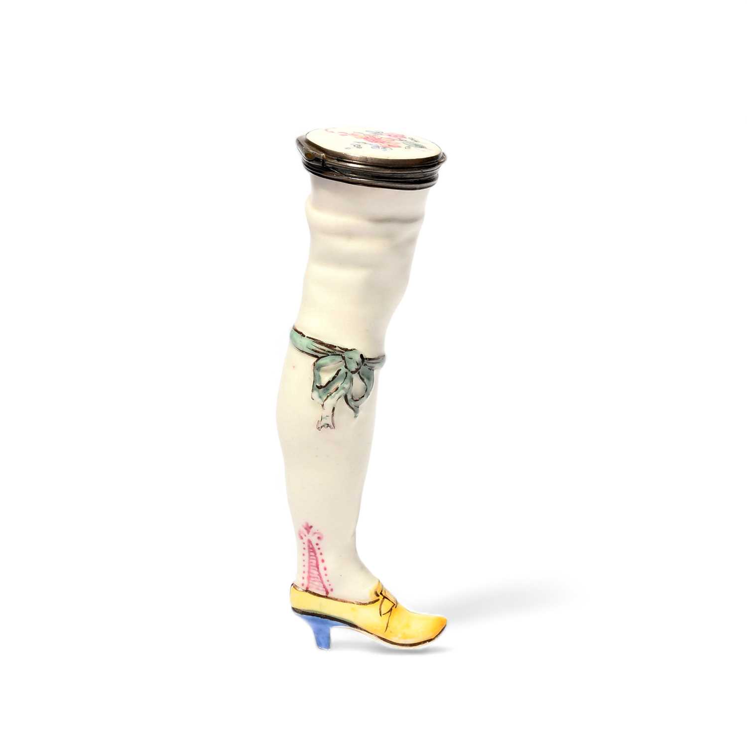 A silver-mounted Mennecy etui or bodkin case, c.1750, modelled as the leg of lady, in a white