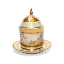 A rare Flight and Barr honey pot and cover, c.1800, the square cylindrical form painted with a