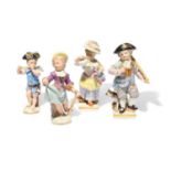 Four small Meissen figures, 19th century, two of Cupid in Disguise, one as a musician, the other