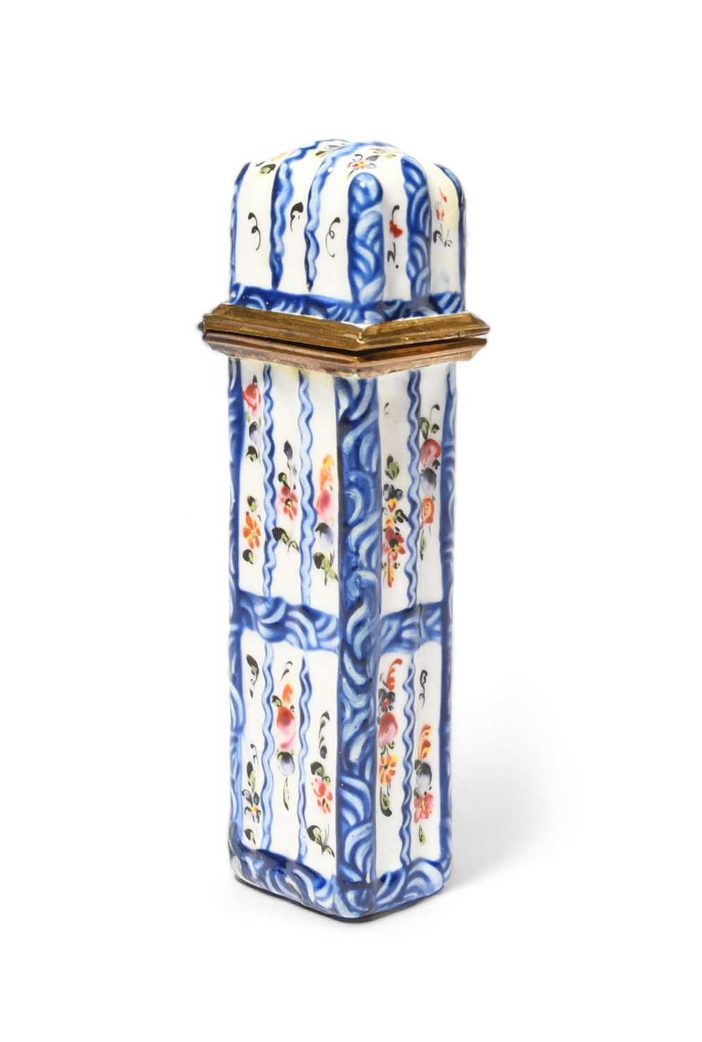 A Staffordshire enamel scent bottle case, c.1780, of moulded rectangular form, painted with narrow