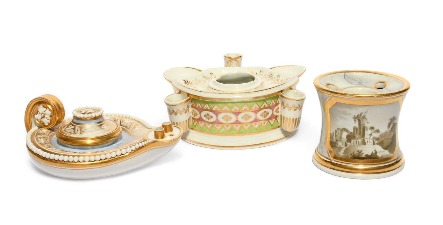 Three Worcester inkwells from the Flight and Barr partnerships, c.1800-20, one a waisted drum Barr