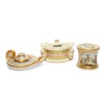 Three Worcester inkwells from the Flight and Barr partnerships, c.1800-20, one a waisted drum Barr