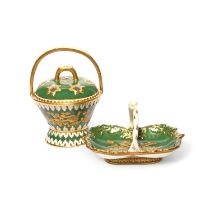 A miniature Spode pot pourri jar and cover and a basket, c.1820, decorated in pattern 3945 with