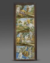 A panel of four Castelli maiolica rectangular plaques, mid 18th century, three painted with