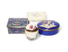 Three Continental enamel snuff boxes, late 18th/19th century, one oval and decorated in relief