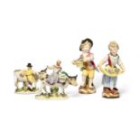 Two miniature Meissen figures with cows, 18th/early 19th century, a man leaning against the back
