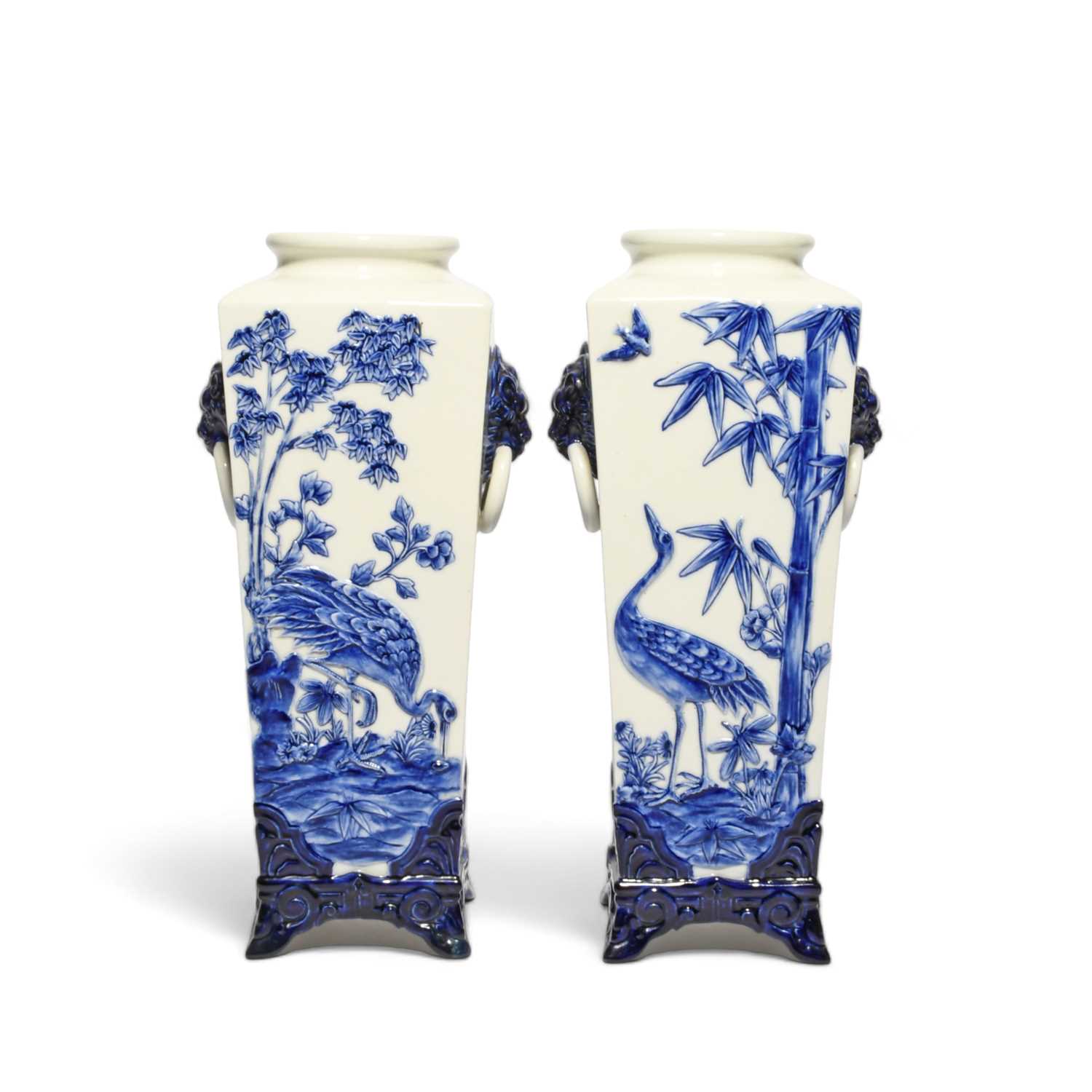 A pair of Royal Worcester Aesthetic Movement 'Japonism' vases, c.1870, the square forms moulded in - Image 2 of 4