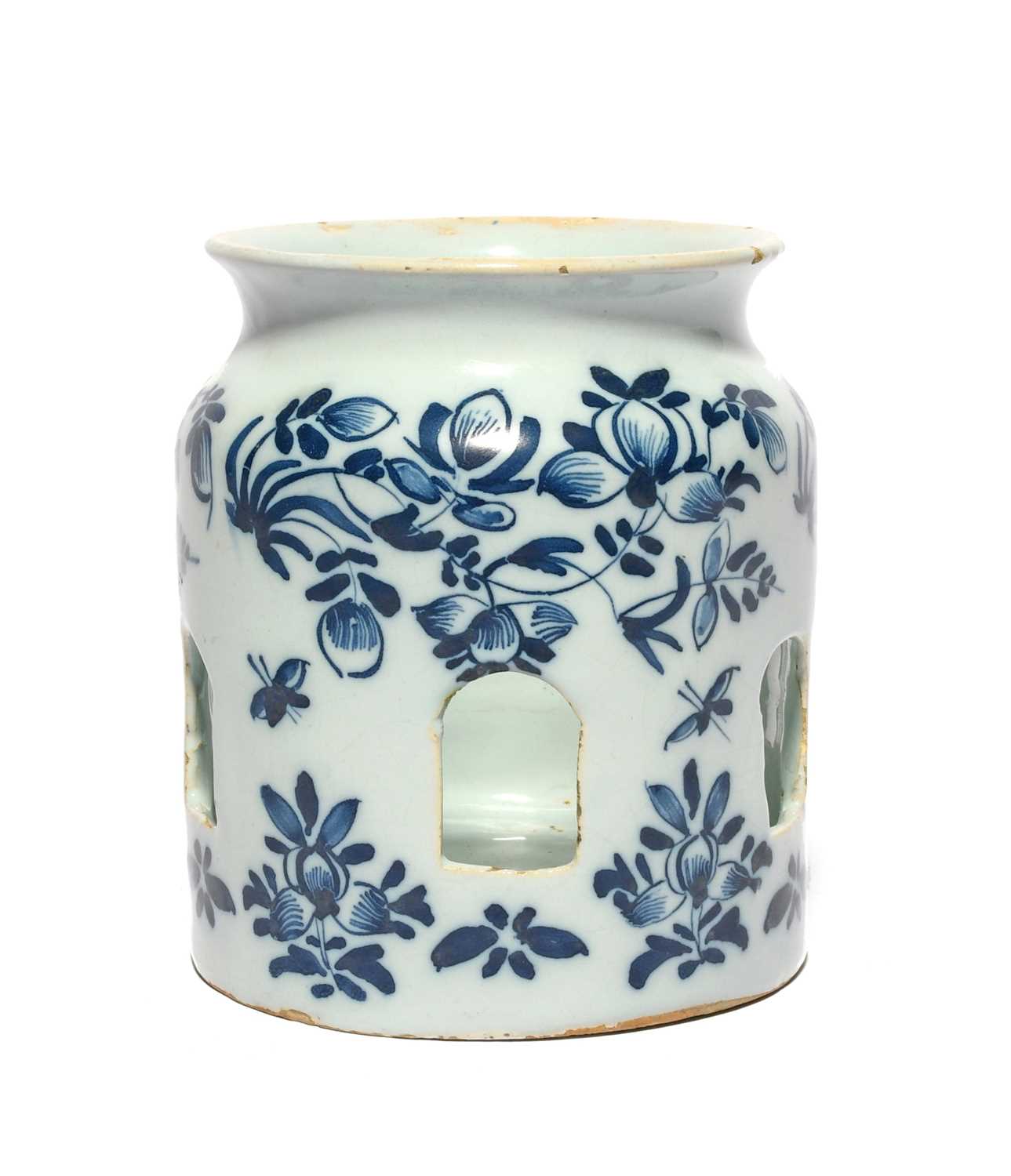 A rare English delftware night light holder, c.1770, probably London, the cylindrical jar shape with