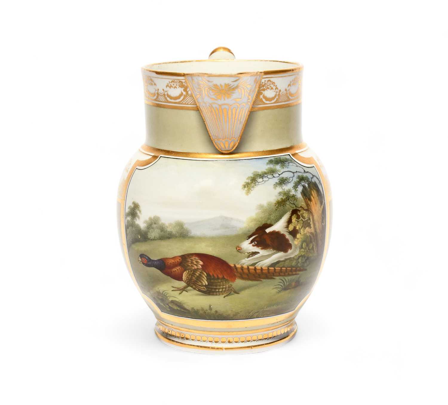 A small Chamberlain's Worcester hunting scene jug, c.1820, painted with a spaniel chasing a cock