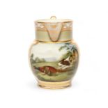 A small Chamberlain's Worcester hunting scene jug, c.1820, painted with a spaniel chasing a cock