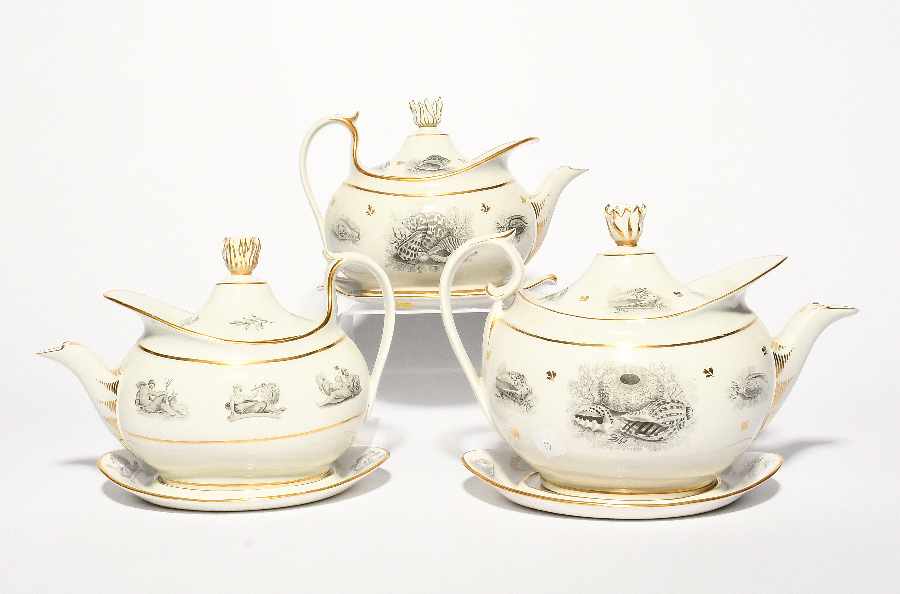 Three Barr Flight and Barr (Worcester) teapots with covers and stands, c.1810, bat printed in black, - Image 4 of 4